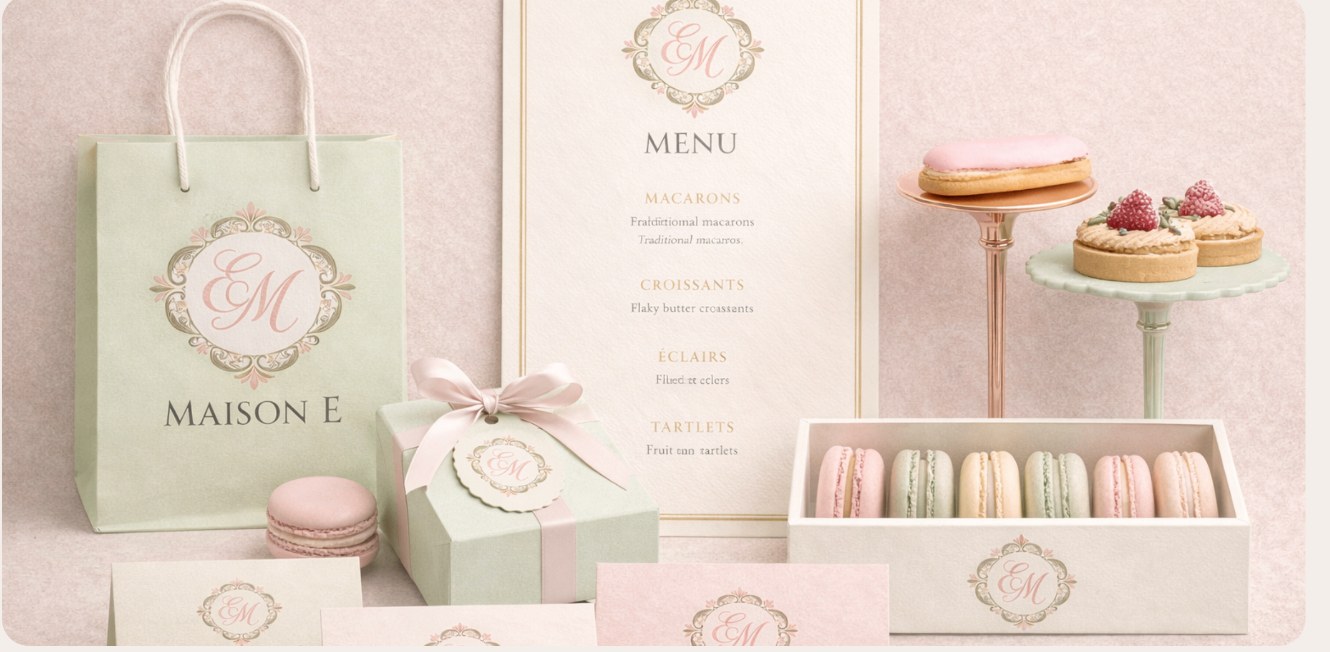 Maison E luxury bakery rebrand — packaging, monogram and menu