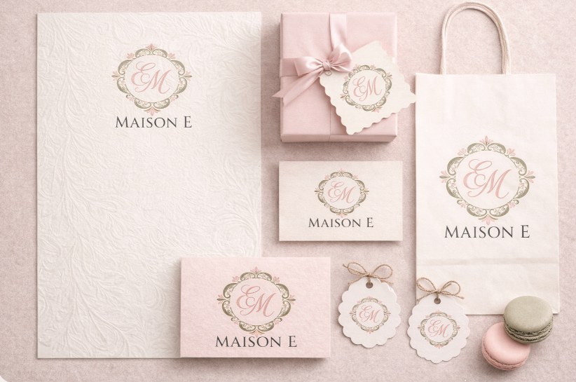 Maison E packaging system — boxes, cards, tags and bags
